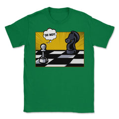 Funny Scared White Pawn Looking at Knight On Chessboard product - Green
