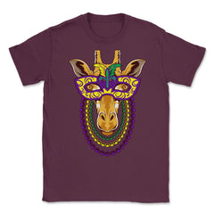 Mardi Gras Giraffe with beads & mask Funny Gift print Unisex T-Shirt - Maroon