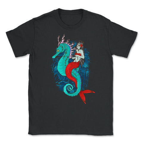 Day of Dead Mermaid on Seahorse Halloween Sugar Skull  Unisex T-Shirt - Black