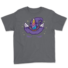 Unicorn Face with Long Lashes Witch Hat Characters Youth Tee - Smoke Grey