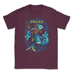 Pisces Zodiac Sign Warrior Anime Style Merman print Unisex T-Shirt - Maroon