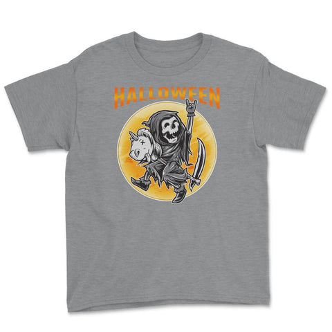 Death Reaper on a Toy Unicorn Funny Halloween Youth Tee - Grey Heather