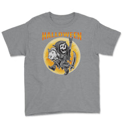 Death Reaper on a Toy Unicorn Funny Halloween Youth Tee - Grey Heather