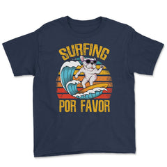 Surfing Por Favor Hilarious Surfer Dog Retro Vintage print Youth Tee - Navy