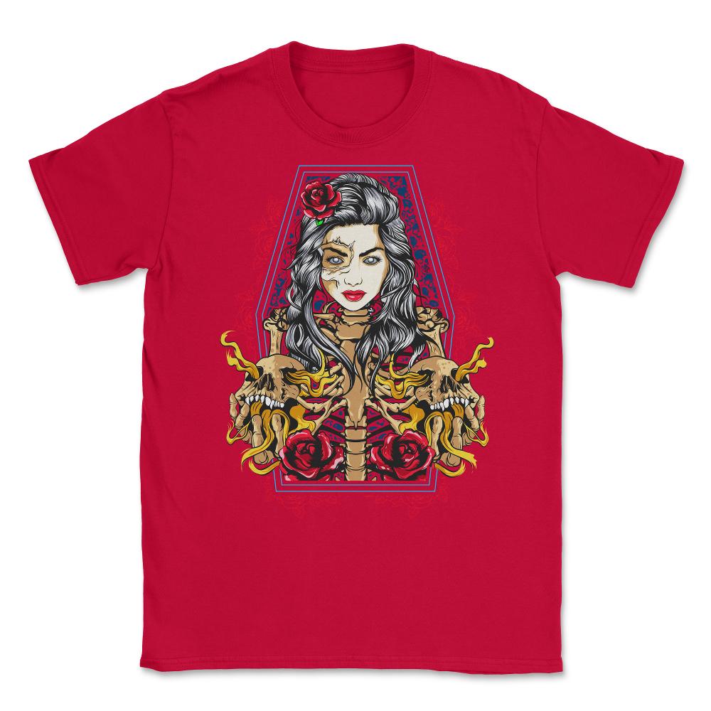 Skeleton Lady Death Halloween or Day of the Dead Unisex T-Shirt - Red