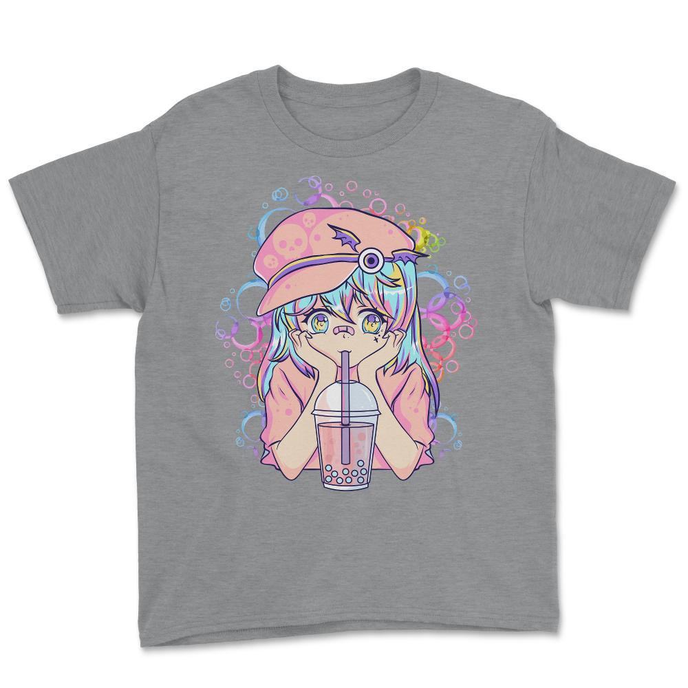 Anime Pastel Girl Drinking Bubble Tea Boba Lover Gift print Youth Tee - Grey Heather