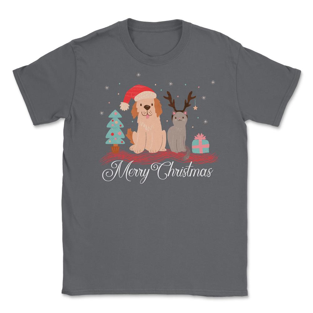 Merry Christmas Dog & Cat Funny T-Shirt Tee Gift Unisex T-Shirt - Smoke Grey