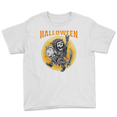 Death Reaper on a Toy Unicorn Funny Halloween Youth Tee - White