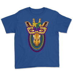 Mardi Gras Giraffe with beads & mask Funny Gift print Youth Tee - Royal Blue