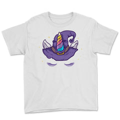 Unicorn Face with Long Lashes Witch Hat Characters Youth Tee - White