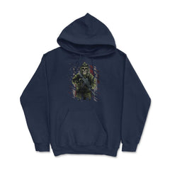 Skeleton Soldier with Rifle & in Front of a US Flag print Hoodie - Navy