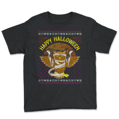 Happy Halloween Mummy Owl Funny Ugly Sweater Youth Tee - Black