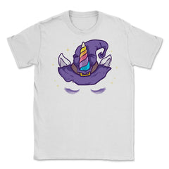 Unicorn Face with Long Lashes Witch Hat Characters Unisex T-Shirt - White