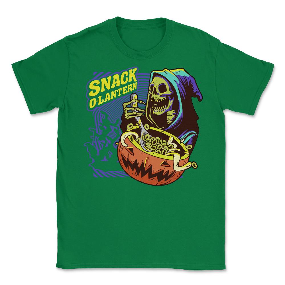 Snack O-Lantern Halloween Death Skeleton Eating Unisex T-Shirt - Green