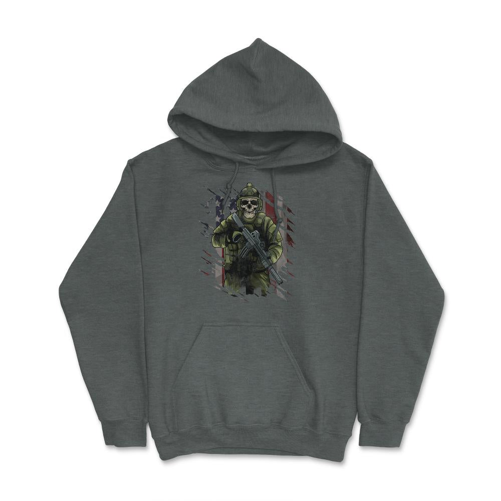 Skeleton Soldier with Rifle & in Front of a US Flag print Hoodie - Dark Grey Heather