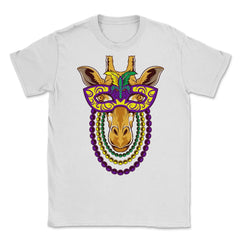 Mardi Gras Giraffe with beads & mask Funny Gift print Unisex T-Shirt - White