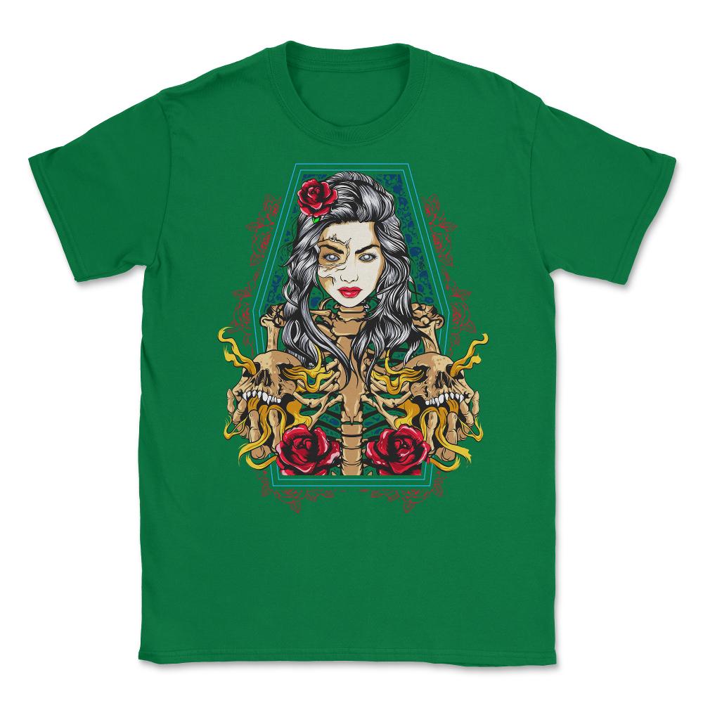 Skeleton Lady Death Halloween or Day of the Dead Unisex T-Shirt - Green