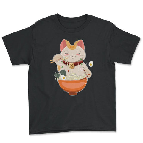 Cat eating Ramen Cute Kitten Eating Noodles Gift graphic Youth Tee - Black