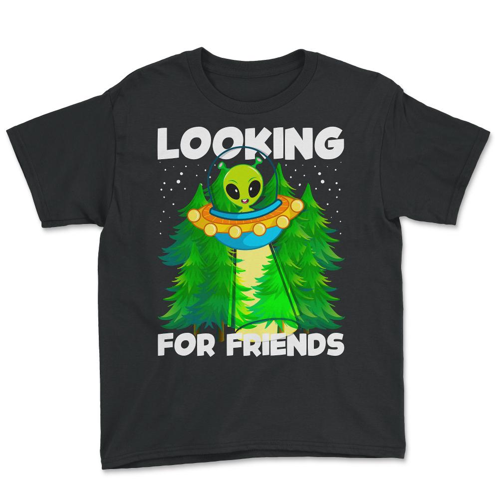 Alien in Spaceship Looking For Friends Funny Design graphic - Youth Tee - Black