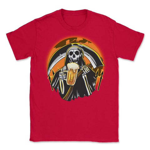 Death Riper holding a Beer Mug & Scythe Funny Hall Unisex T-Shirt - Red