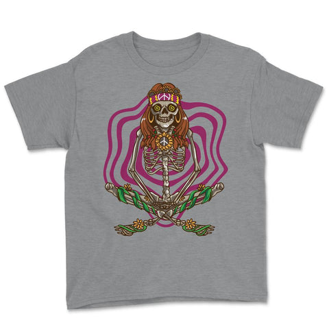 Skeleton Hippie with Psychedelic Sunflowers and Peace Signs print - Grey Heather