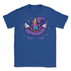 Unicorn Face with Long Lashes Witch Hat Characters Unisex T-Shirt - Royal Blue