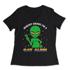 Gay Alien Rainbow Pride Funny Gift print - Women's V-Neck Tee - Black