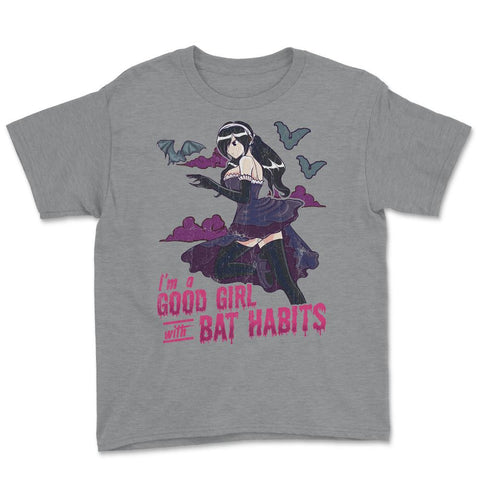 Goth Anime Bat Habits Girl Design print Youth Tee - Grey Heather