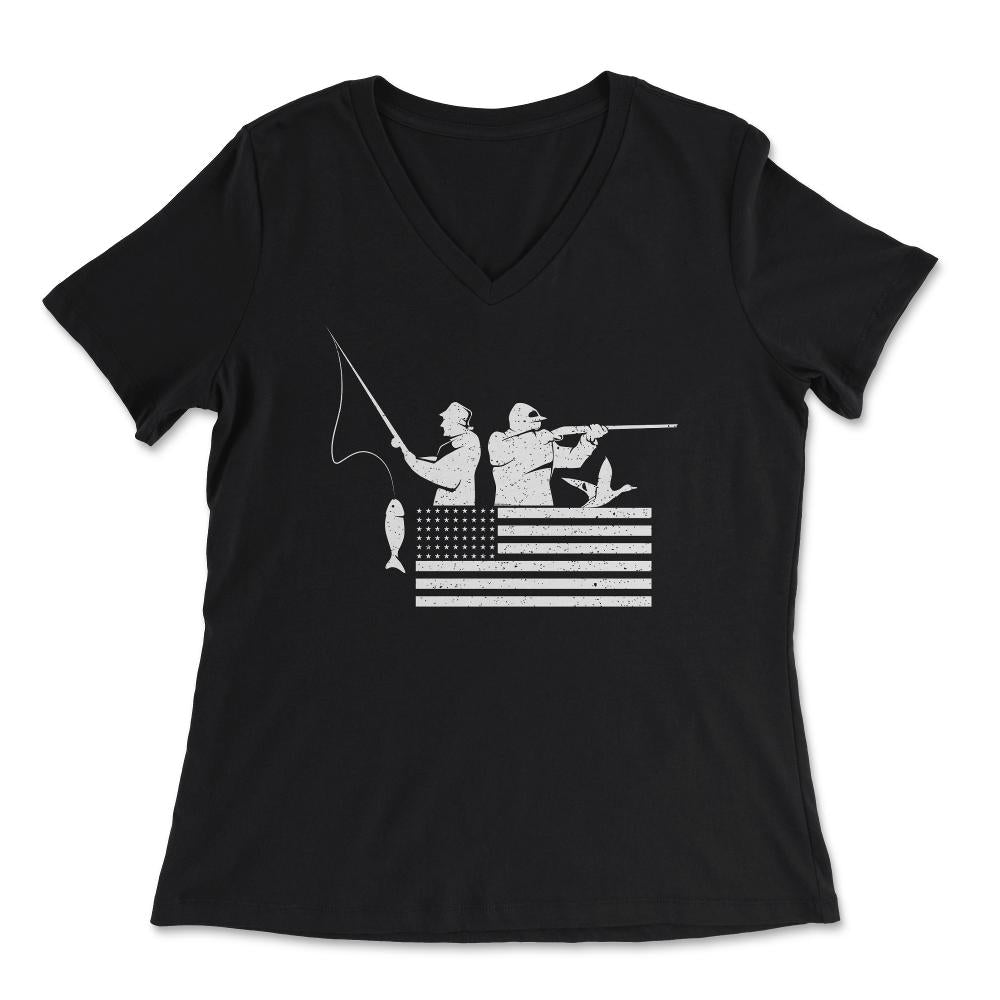 Fishing And Hunting USA Flag Patriotic Fisherman Hunter print - Women's V-Neck Tee - Black