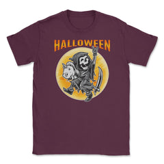 Death Reaper on a Toy Unicorn Funny Halloween Unisex T-Shirt - Maroon