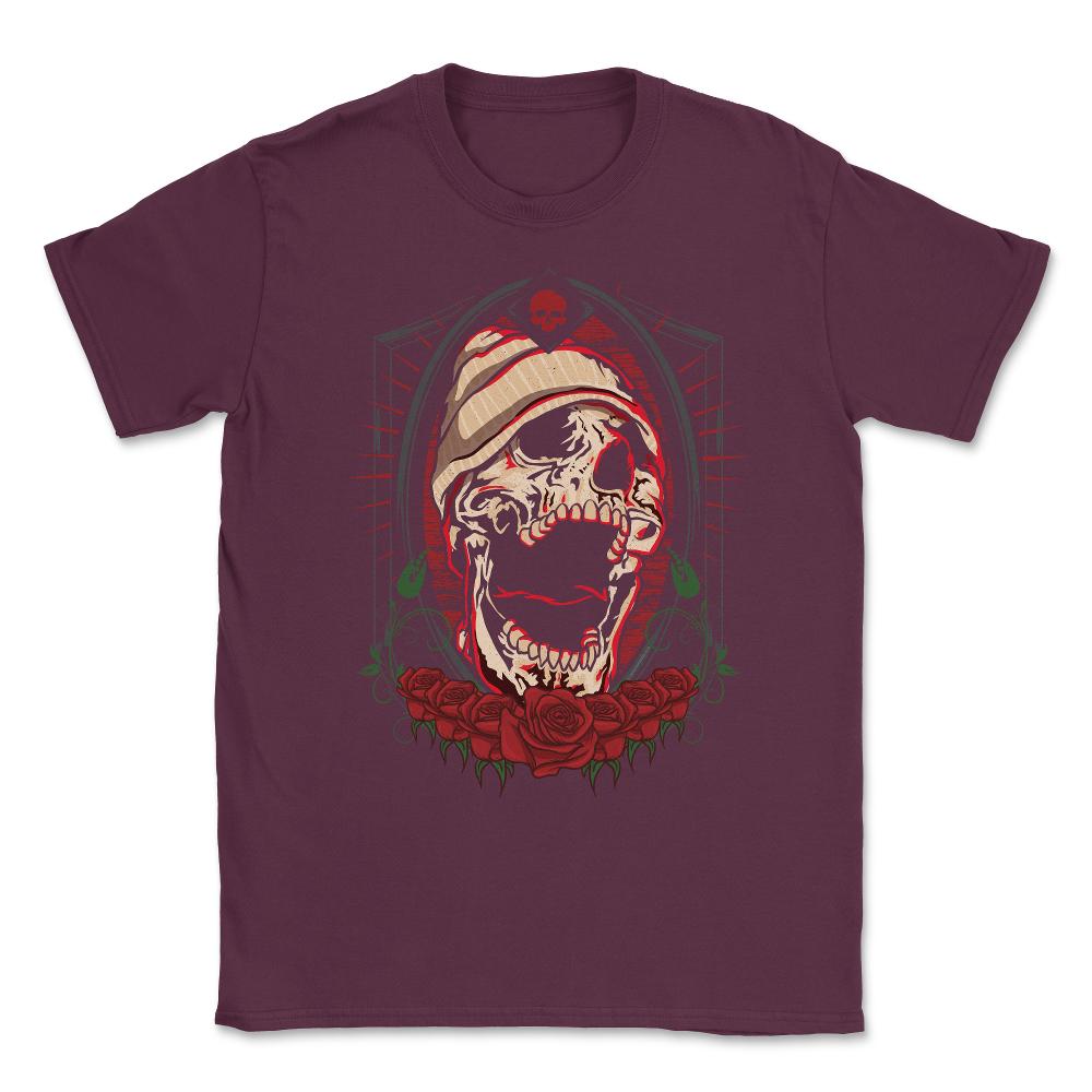 Gothic Skull & Roses Creepy Skull Scary Grunge print Unisex T-Shirt - Maroon