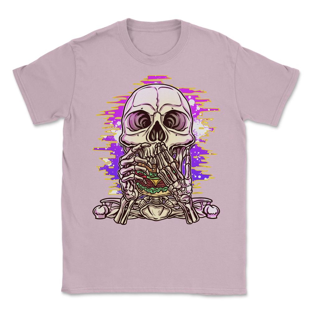 Skeleton Eating A Hamburger Funny Vaporwave design Unisex T-Shirt - Light Pink
