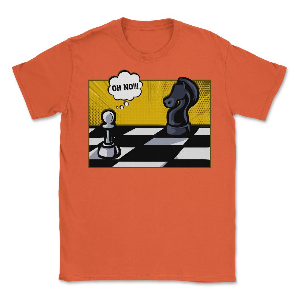Funny Scared White Pawn Looking at Knight On Chessboard product - Orange