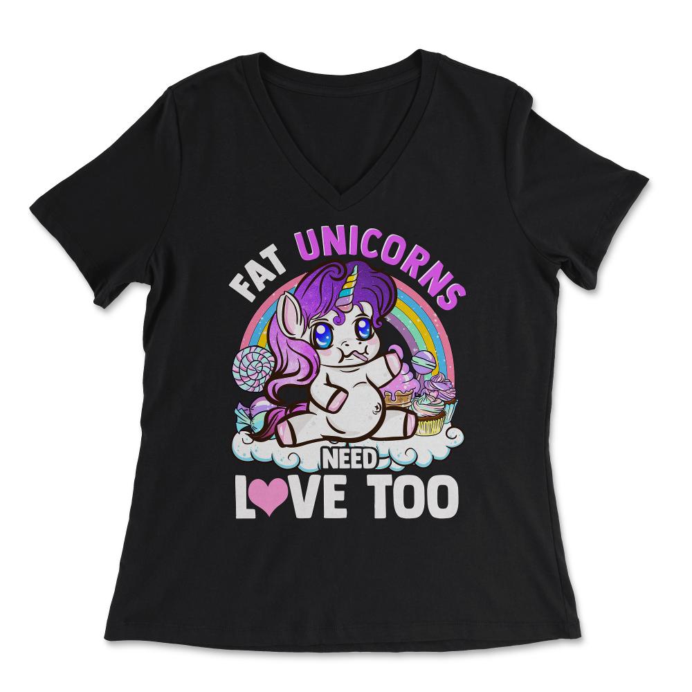 Fat Unicorns need love too! Hilarious Chubby Unicorn print - Women's V-Neck Tee - Black