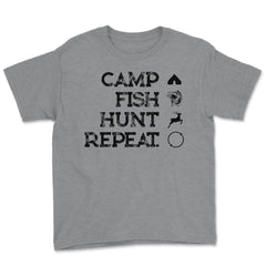 Funny Camp Fish Hunt Repeat Camping Fishing Hunting Gag graphic Youth - Grey Heather