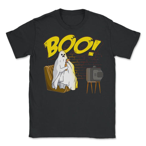 Boo! Ghost Watching TV, Drinking & Eating a Hamburger Funny graphic - Black