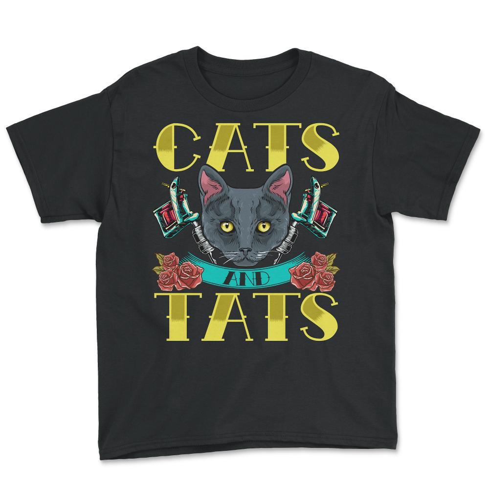 Cats and Tats Vintage Old Style Tattoo design print Youth Tee - Black