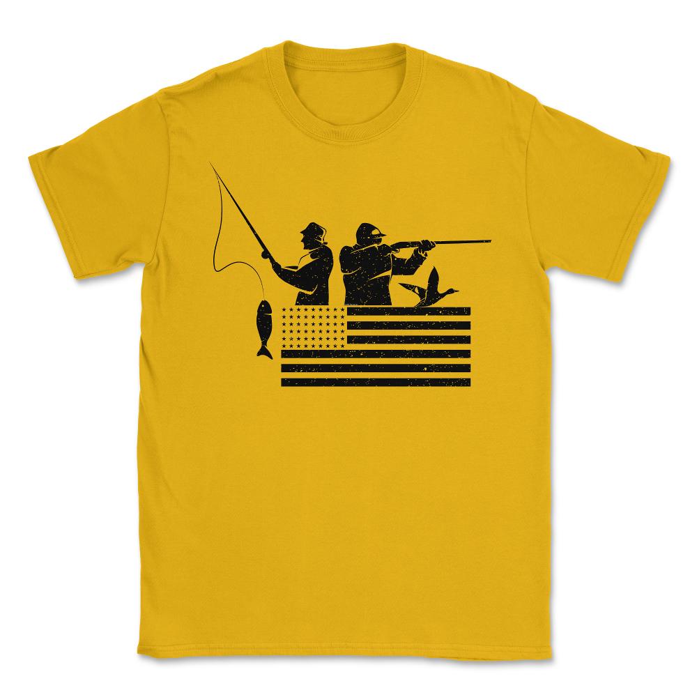Fishing And Hunting USA Flag Patriotic Fisherman Hunter design Unisex - Gold