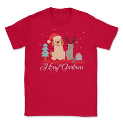 Merry Christmas Dog & Cat Funny T-Shirt Tee Gift Unisex T-Shirt - Red