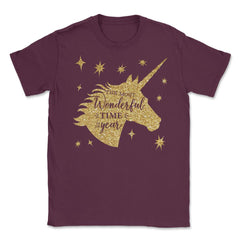 Christmas Unicorn Most Wonderful time T-Shirt Tee Gift The most - Maroon