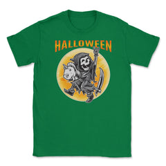 Death Reaper on a Toy Unicorn Funny Halloween Unisex T-Shirt - Green