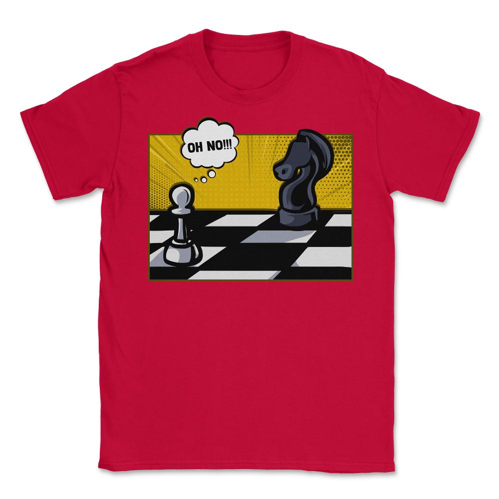 Funny Scared White Pawn Looking at Knight On Chessboard product - Red