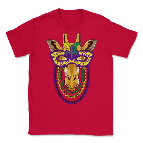 Mardi Gras Giraffe with beads & mask Funny Gift print Unisex T-Shirt - Red