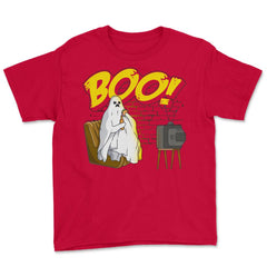 Boo! Ghost Watching TV, Drinking & Eating a Hamburger Funny graphic - Red