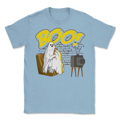Boo! Ghost Watching TV, Drinking & Eating a Hamburger Funny graphic - Light Blue