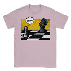 Funny Scared White Pawn Looking at Knight On Chessboard product - Light Pink
