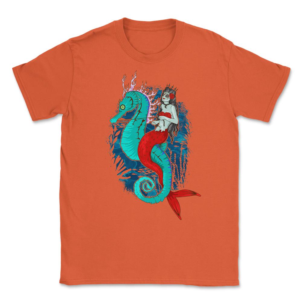 Day of Dead Mermaid on Seahorse Halloween Sugar Skull  Unisex T-Shirt - Orange