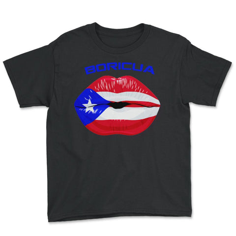 Boricua Kiss Puerto Rico Flag Lips Design graphic Youth Tee - Black
