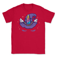 Unicorn Face with Long Lashes Witch Hat Characters Unisex T-Shirt - Red