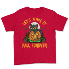 Funny & Cute Cat with Jack o Lantern Halloween Youth Tee - Red